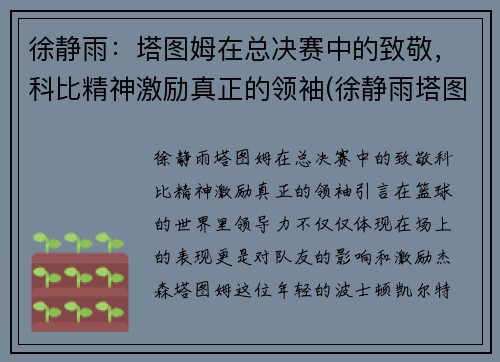 徐静雨：塔图姆在总决赛中的致敬，科比精神激励真正的领袖(徐静雨塔图姆东契奇)