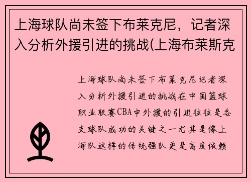 上海球队尚未签下布莱克尼，记者深入分析外援引进的挑战(上海布莱斯克石油设备有限公司)