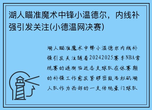 湖人瞄准魔术中锋小温德尔，内线补强引发关注(小德温网决赛)