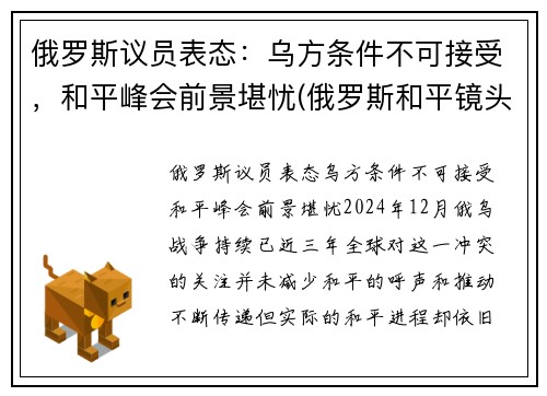 俄罗斯议员表态：乌方条件不可接受，和平峰会前景堪忧(俄罗斯和平镜头)