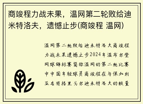 商竣程力战未果，温网第二轮败给迪米特洛夫，遗憾止步(商竣程 温网)