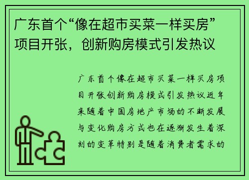 广东首个“像在超市买菜一样买房”项目开张，创新购房模式引发热议