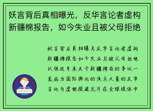 妖言背后真相曝光，反华言论者虚构新疆棉报告，如今失业且被父母拒绝认领