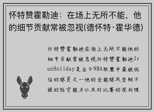 怀特赞霍勒迪：在场上无所不能，他的细节贡献常被忽视(德怀特·霍华德)