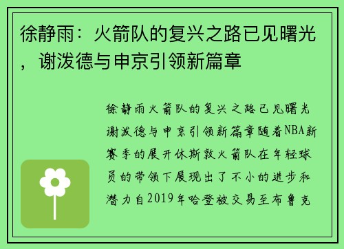 徐静雨：火箭队的复兴之路已见曙光，谢泼德与申京引领新篇章
