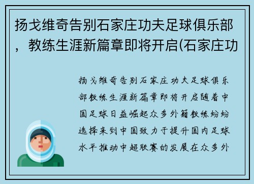 扬戈维奇告别石家庄功夫足球俱乐部，教练生涯新篇章即将开启(石家庄功夫足球队)