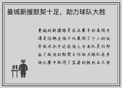 曼城新援默契十足，助力球队大胜