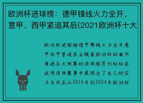 欧洲杯进球榜：德甲锋线火力全开，意甲、西甲紧追其后(2021欧洲杯十大进球)